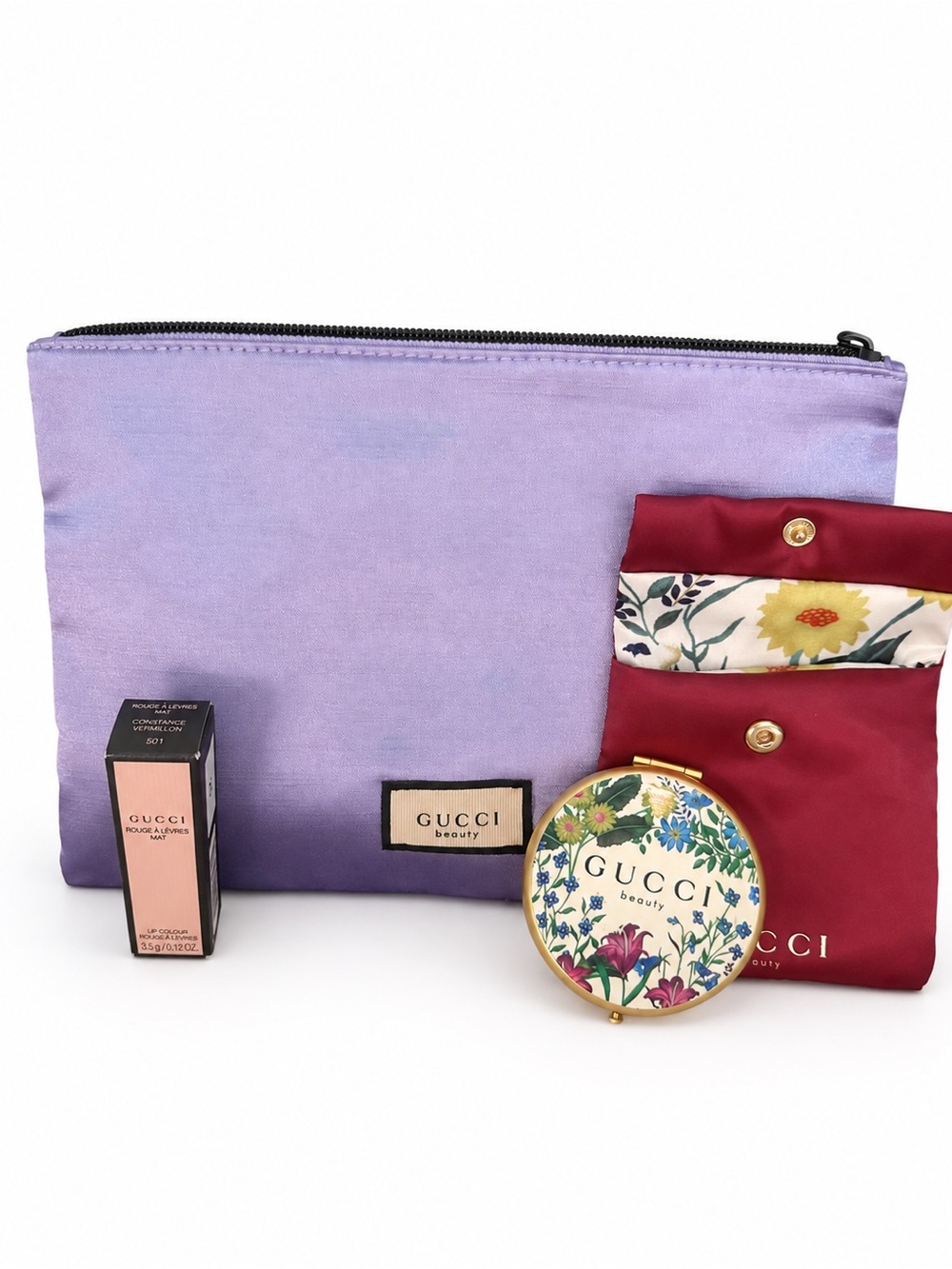 Gucci Beauty Lavender Cosmetic Pouch with Floral Compact and Accessories
